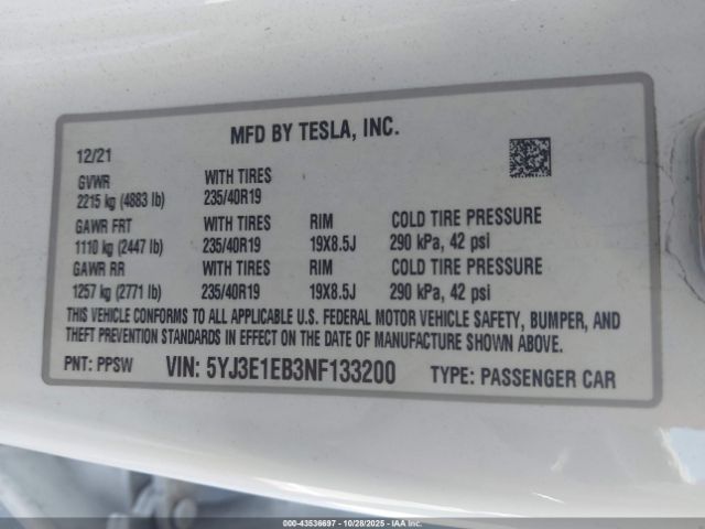 2022 TESLA MODEL 3 5YJ3E1EB3NF133200 Photo 8