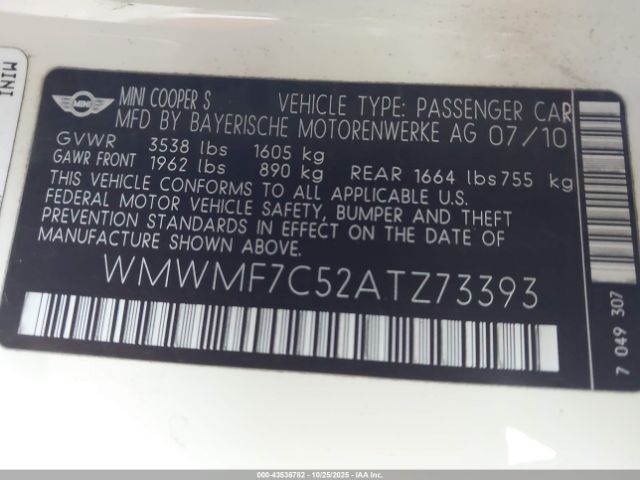 2010 MINI COOPER S WMWMF7C52ATZ73393 Photo 8