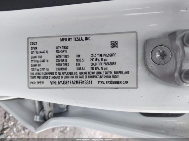 2021 TESLA MODEL 3 5YJ3E1EA2MF913341 Photo 8