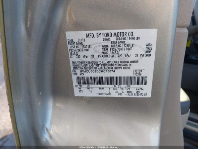 2012 FORD ESCAPE 1FMCU0C70CKC18874 Photo 8