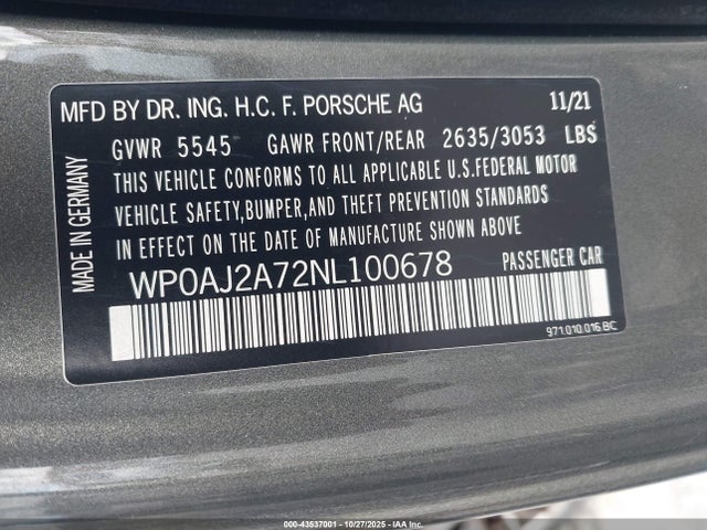 43537001 :رقم المزاد ، WP0AJ2A72NL100678 vin ، 2022 Porsche Panamera 4/4 Platinum Edition/platinum Edition مزاد بيع