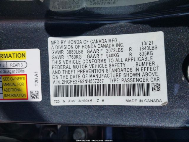 2022 HONDA CIVIC 2HGFE2F52NH537287 Photo 8