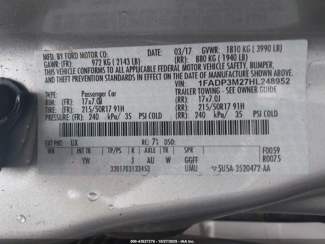 2017 Ford Focus Sel მანქანა იყიდება აუქციონზე, vin: 1FADP3M27HL248952, აუქციონის ნომერი: 43537278