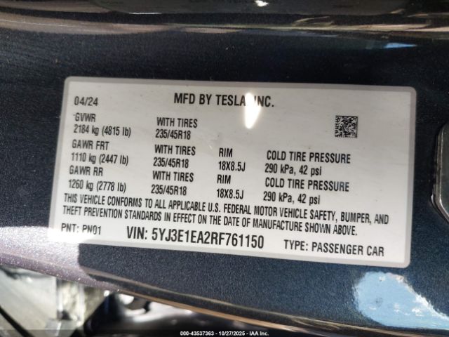2024 TESLA MODEL 3 5YJ3E1EA2RF761150 Photo 8
