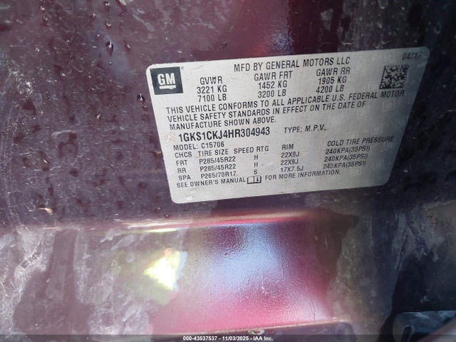 43537537 :رقم المزاد ، 1GKS1CKJ4HR304943 vin ، 2017 Gmc Yukon Denali مزاد بيع