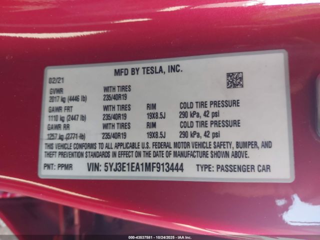 2021 TESLA MODEL 3 5YJ3E1EA1MF913444 Photo 8
