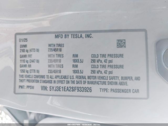 2025 TESLA MODEL 3 5YJ3E1EA2SF933926 Photo 8