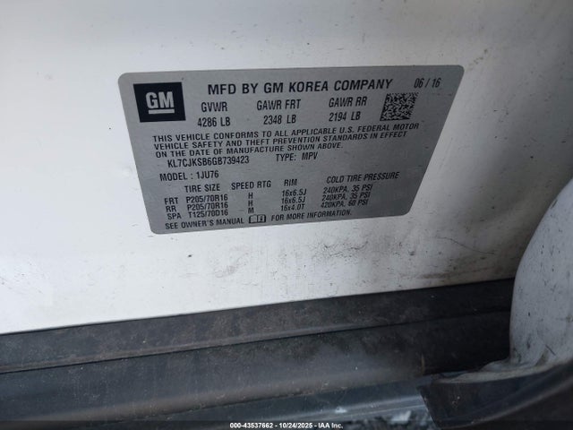 Продаж на аукціоні авто 2016 Chevrolet Trax 1ls, vin: KL7CJKSB6GB739423, номер лоту: 43537662