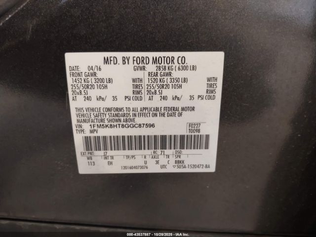 2016 FORD EXPLORER 1FM5K8HT8GGC87596 Photo 8