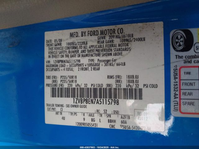 2010 FORD MUSTANG 1ZVBP8EN7A5115798 Photo 8