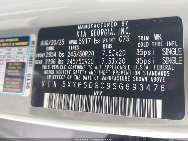 Aukcja sprzedaży 2025 Kia Telluride Sx X-line, vin: 5XYP5DGC9SG693476, numer aukcji: 43538067