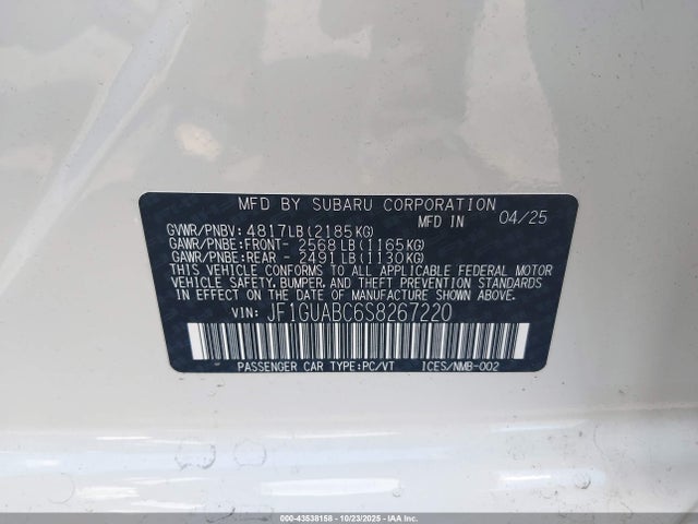 Aukcja sprzedaży 2025 Subaru Impreza Base 5-door, vin: JF1GUABC6S8267220, numer aukcji: 43538158