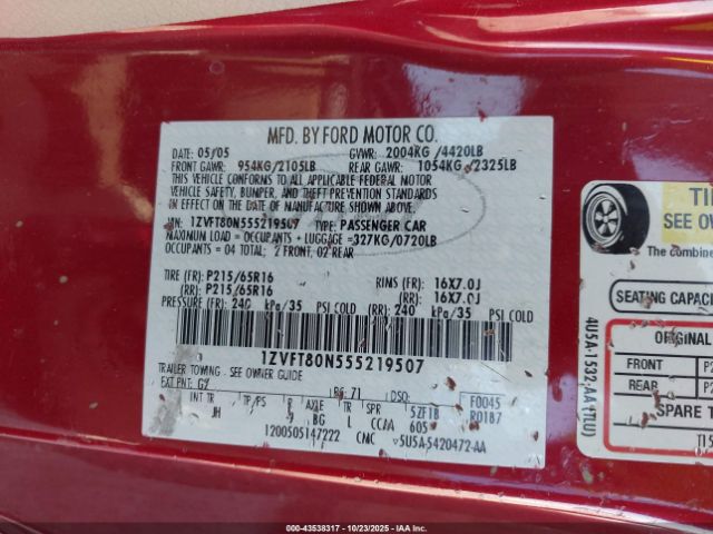2005 FORD MUSTANG 1ZVFT80N555219507 Photo 8