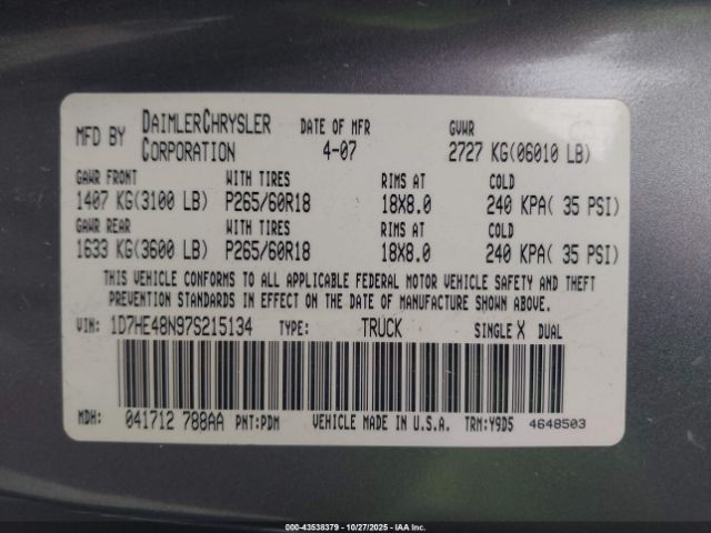 2007 DODGE DAKOTA 1D7HE48N97S215134 Photo 8