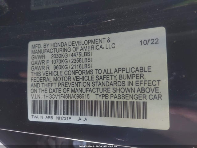 1HGCV1F46NA098615 Honda Accord Sport Special Edition