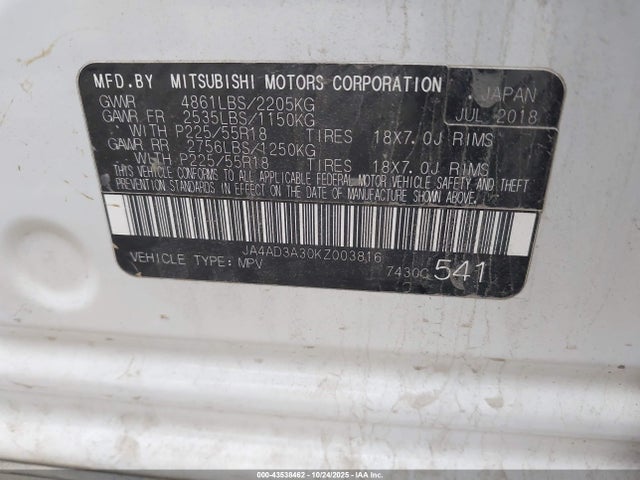 2019 MITSUBISHI OUTLANDER JA4AD3A30KZ003816 Photo 8