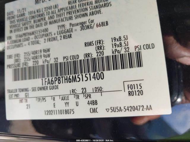 2021 FORD MUSTANG 1FA6P8TH6M5151400 Photo 8