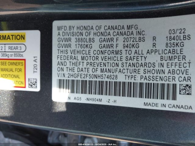 2022 HONDA CIVIC 2HGFE2F50NH574628 Photo 8