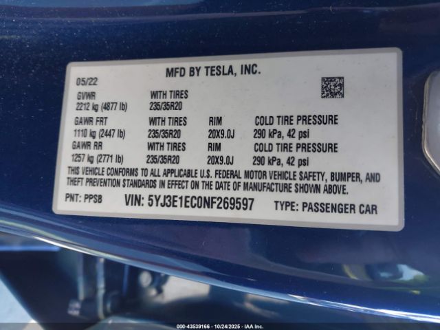 2022 TESLA MODEL 3 5YJ3E1EC0NF269597 Photo 8
