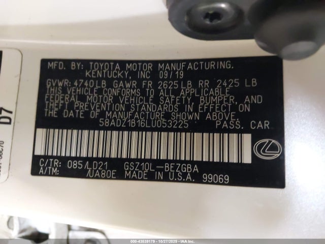 2020 Lexus Es 350 მანქანა იყიდება აუქციონზე, vin: 58ADZ1B16LU053225, აუქციონის ნომერი: 43539179