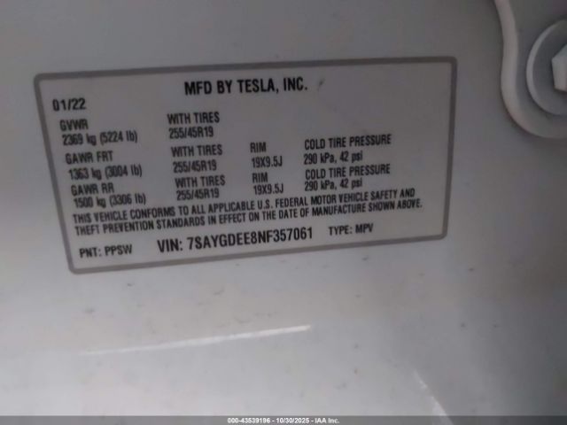 2022 TESLA MODEL Y 7SAYGDEE8NF357061 Photo 8