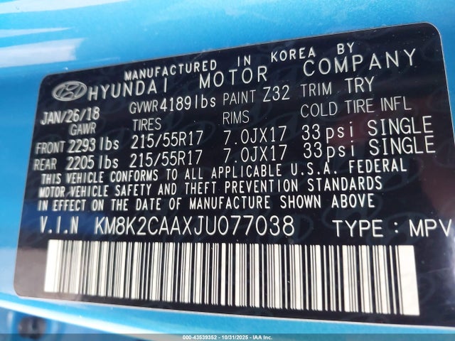 KM8K2CAAXJU077038 Hyundai Kona Sel
