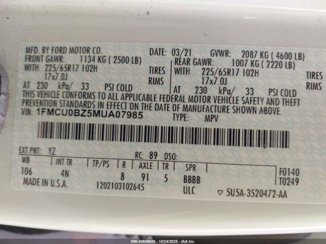 2021 FORD ESCAPE 1FMCU0BZ5MUA07985 Photo 8