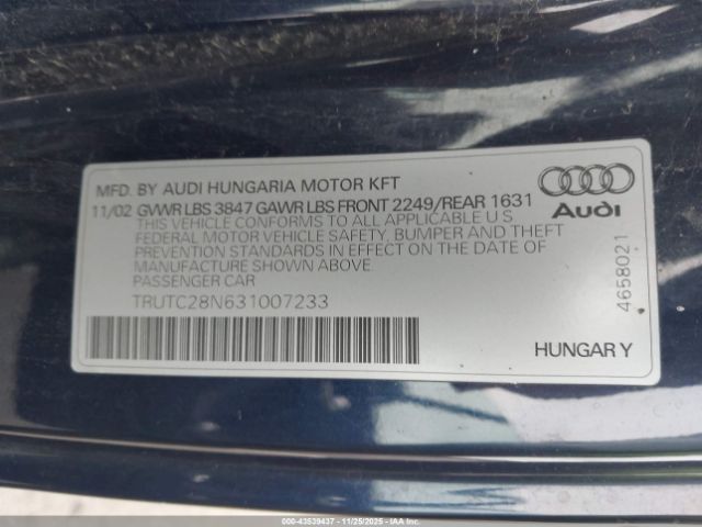 2003 AUDI TT TRUTC28N631007233 Photo 8