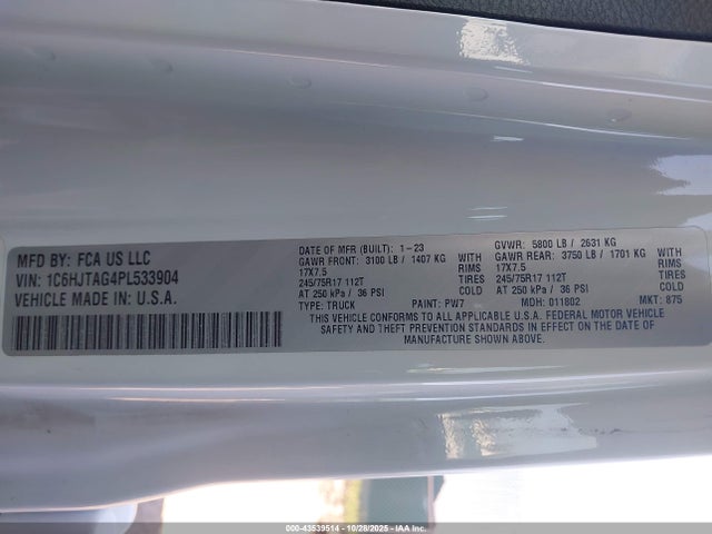 43539514 :رقم المزاد ، 1C6HJTAG4PL533904 vin ، 2023 Jeep Gladiator Sport S 4x4 مزاد بيع