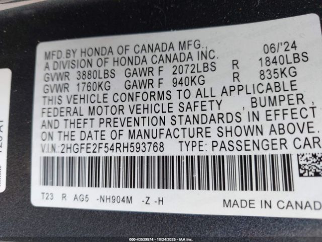 2024 HONDA CIVIC 2HGFE2F54RH593768 Photo 8