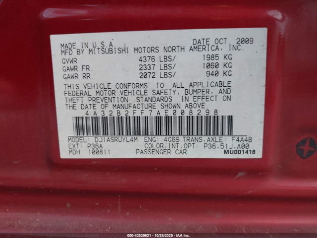 2010 MITSUBISHI GALANT 4A32B2FF7AE008298 Photo 8