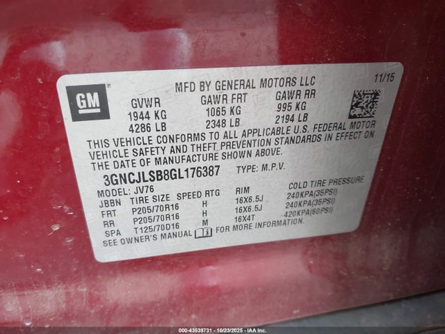 Chevrolet Trax Lt 2016 3GNCJLSB8GL176387 Image 9
