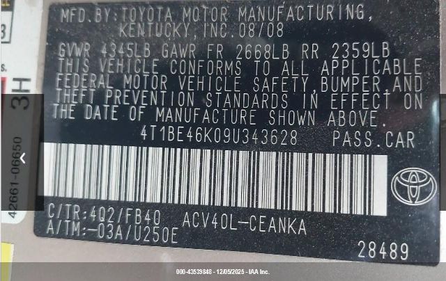 2009 TOYOTA CAMRY 4T1BE46K09U343628 Photo 8