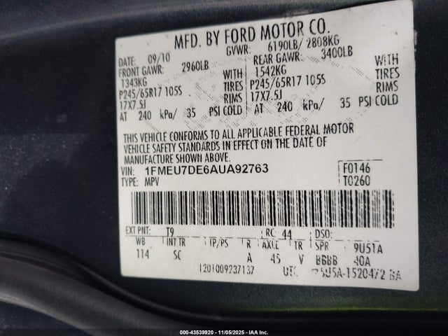 Aukcja sprzedaży 2010 Ford Explorer Xlt, vin: 1FMEU7DE6AUA92763, numer aukcji: 43539920