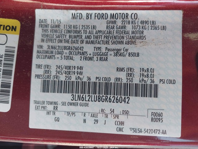 3LN6L2LU8GR626042 Lincoln MKZ HYBRID