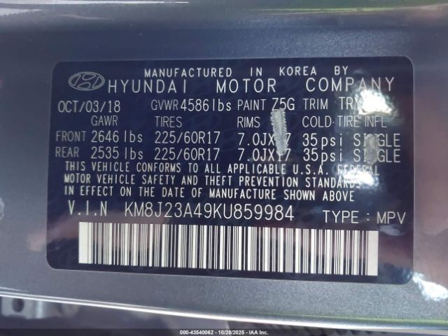 2019 HYUNDAI TUCSON KM8J23A49KU859984 Photo 8