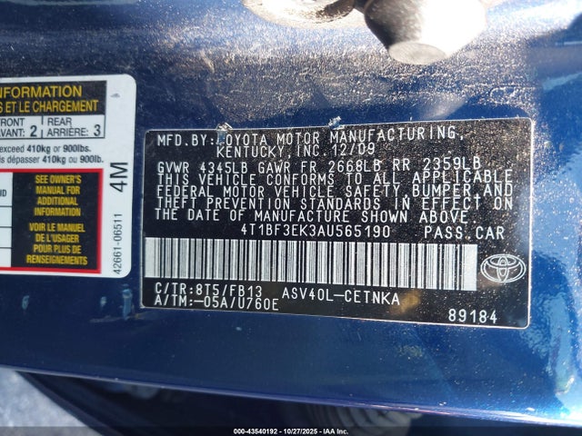 Auction sale of the 2010 Toyota Camry Le, vin: 4T1BF3EK3AU565190, lot number: 43540192