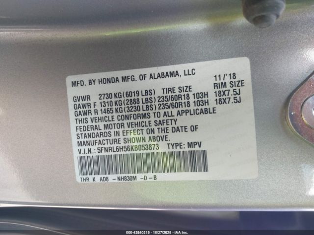 2019 HONDA ODYSSEY 5FNRL6H56KB053873 Photo 8