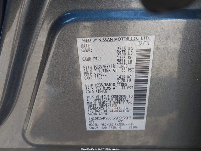43540541 :رقم المزاد ، 5N1DR2AM5LC599593 vin ، 2020 Nissan Pathfinder S 4wd مزاد بيع