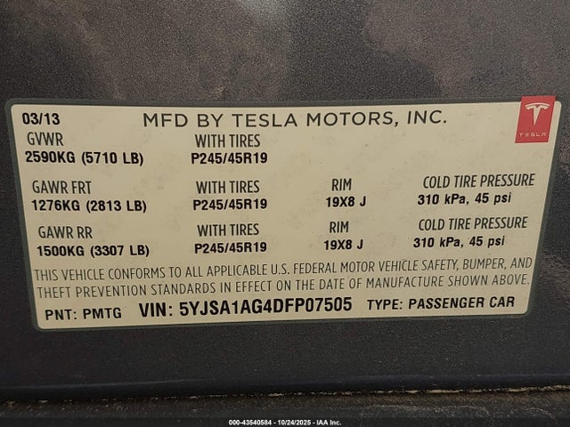 2013 TESLA MODEL S 5YJSA1AG4DFP07505 Photo 8