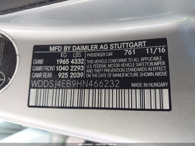 Aukcja sprzedaży 2017 Mercedes-benz Cla 250, vin: WDDSJ4EB9HN466232, numer aukcji: 43540631
