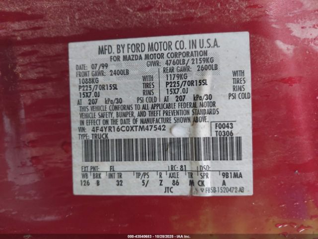 1999 MAZDA B2500 4F4YR16C0XTM47542 Photo 8