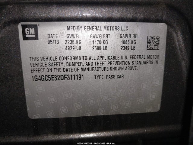 Продажа на аукционе авто 2013 Buick Lacrosse Leather Group, vin: 1G4GC5E32DF311191, номер лота: 43540768