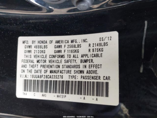 2012 ACURA TL 19UUA8F28CA035276 Photo 8