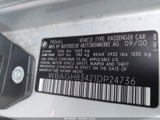 2001 BMW 740IL WBAGH83421DP24736 Photo 8