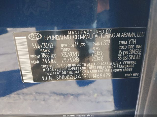 2022 HYUNDAI SANTA FE 5NMS2DAJ9NH468429 Photo 8