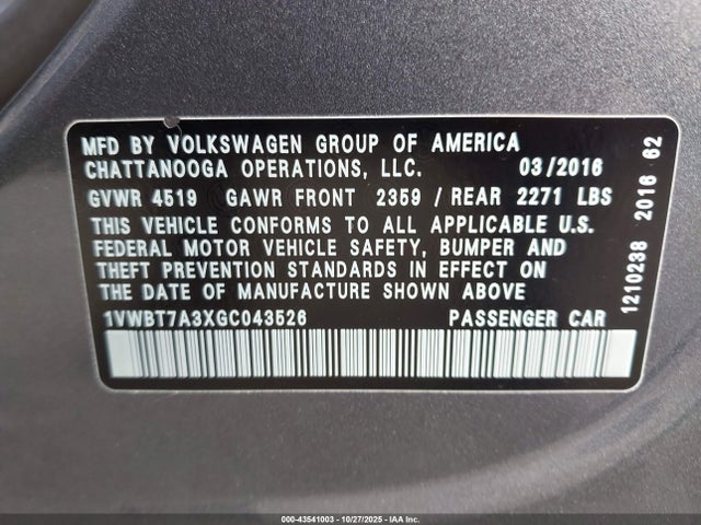 Volkswagen Passat 1.8t Se 2016 1VWBT7A3XGC043526 Image 9