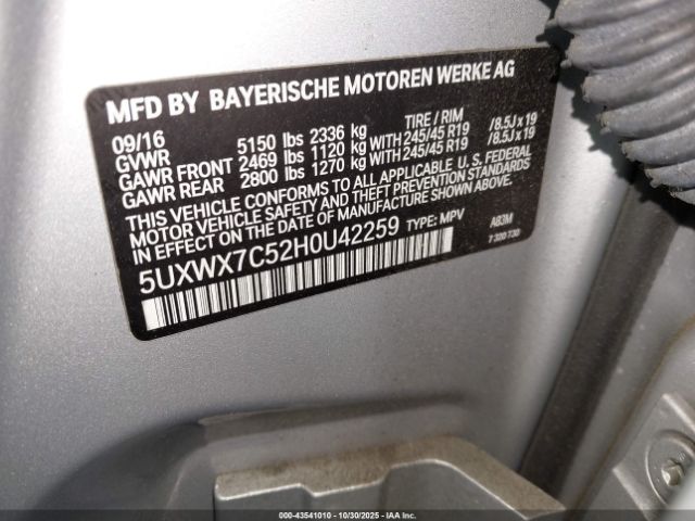 2017 BMW X3 5UXWX7C52H0U42259 Photo 8