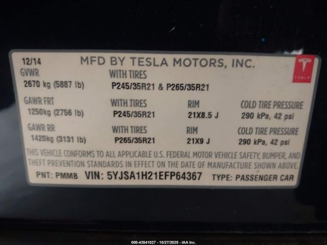 2014 TESLA MODEL S 5YJSA1H21EFP64367 Photo 8