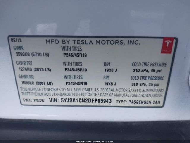 2013 TESLA MODEL S 5YJSA1CN2DFP05943 Photo 8